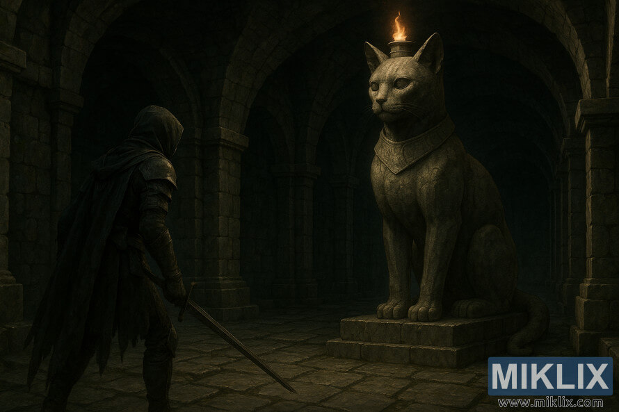 Temné fantasy umelecké dielo zobrazujúce PoÅ¡kvrneného Äelom k masÃvnej sediacej kamennej maÄke Erdtree Burial Watchdog v tienistých podzemných katakombách. Temné fantasy umelecké dielo zobrazujúce PoÅ¡kvrneného Äelom k masÃvnej sediacej kamennej maÄke Erdtree Burial Watchdog v tienistých podzemných katakombách.