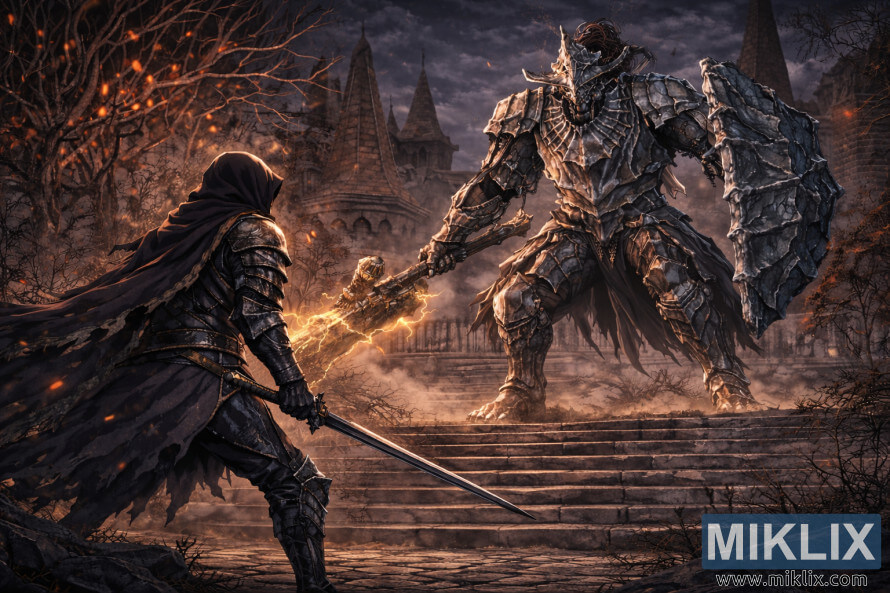 Anime-tyylinen synkkÃ¤ fantasiakohtaus viittaan pukeutuneesta panssaroidusta soturista, joka kohtaa valtavan salamoita heiluttavan ritarin raunioituneilla kiviportailla goottilaisessa kaupungissa hÃ¤mÃ¤rÃ¤n aikaan.