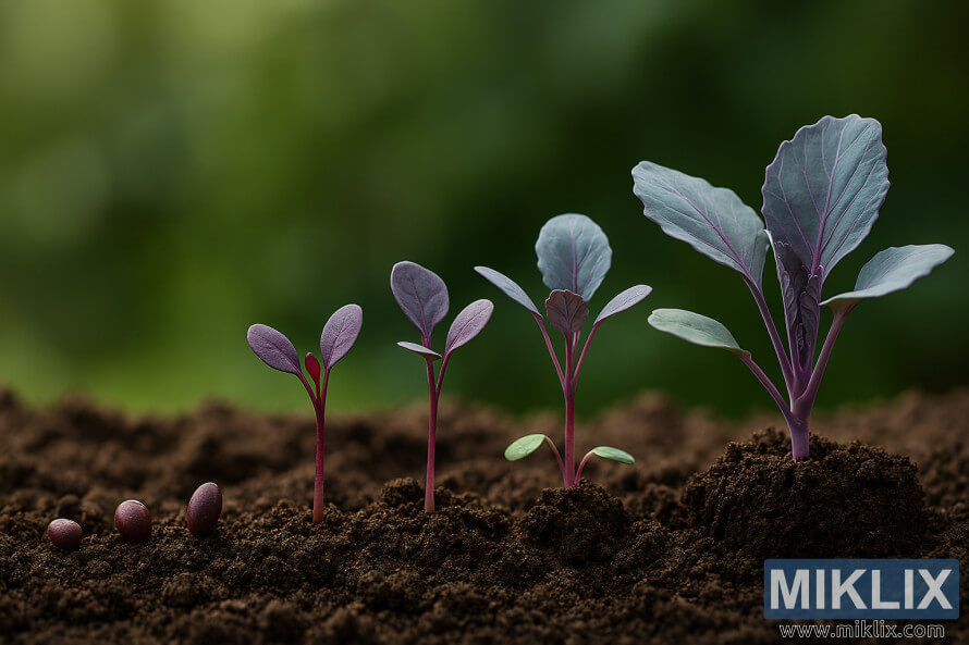 PlÃ ntules de col llombarda progressant de llavors a plantes llestes per trasplantar en sÃ²l natural