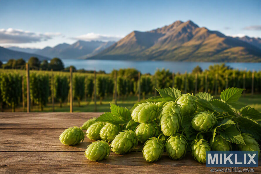 Fresh green hop cones arranged on a weathered wooden brewing table in the foreground, with a hop-growing region, lake, and dramatic New Zealand mountain range softly blurred in the background under warm natural sunlight.