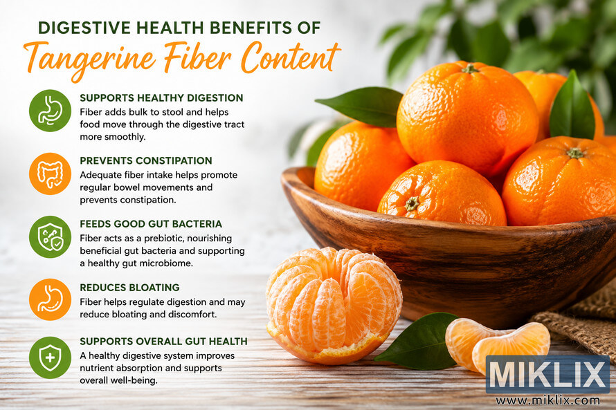 Landscape infographic featuring fresh tangerines in a wooden bowl beside explanatory text about the digestive health benefits of tangerine fiber, including healthy digestion, constipation prevention, gut microbiome support, reduced bloating, and overall gut health. Landscape infographic featuring fresh tangerines in a wooden bowl beside explanatory text about the digestive health benefits of tangerine fiber, including healthy digestion, constipation prevention, gut microbiome support, reduced bloating, and overall gut health.