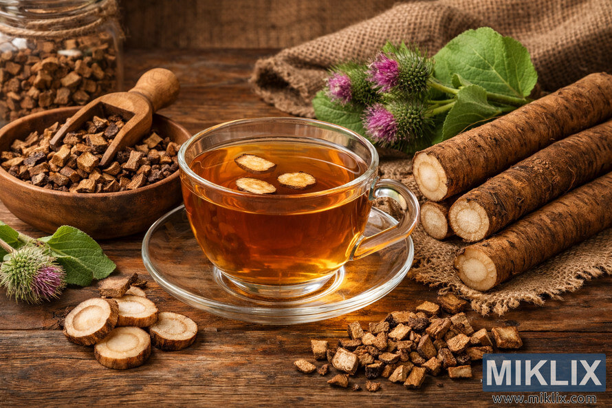 A clear glass cup of burdock tea sits on a rustic wooden table surrounded by fresh and dried burdock roots, green leaves, and purple flowers. A clear glass cup of burdock tea sits on a rustic wooden table surrounded by fresh and dried burdock roots, green leaves, and purple flowers.