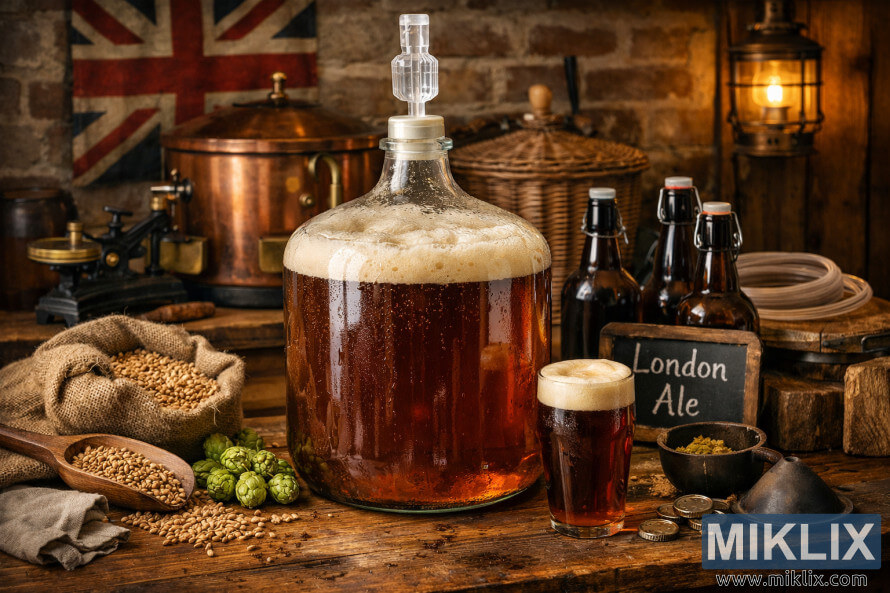 Glass carboy with fermenting London style ale on a wooden table surrounded by hops, barley, bottles, and traditional brewing tools in a cozy English home interior.