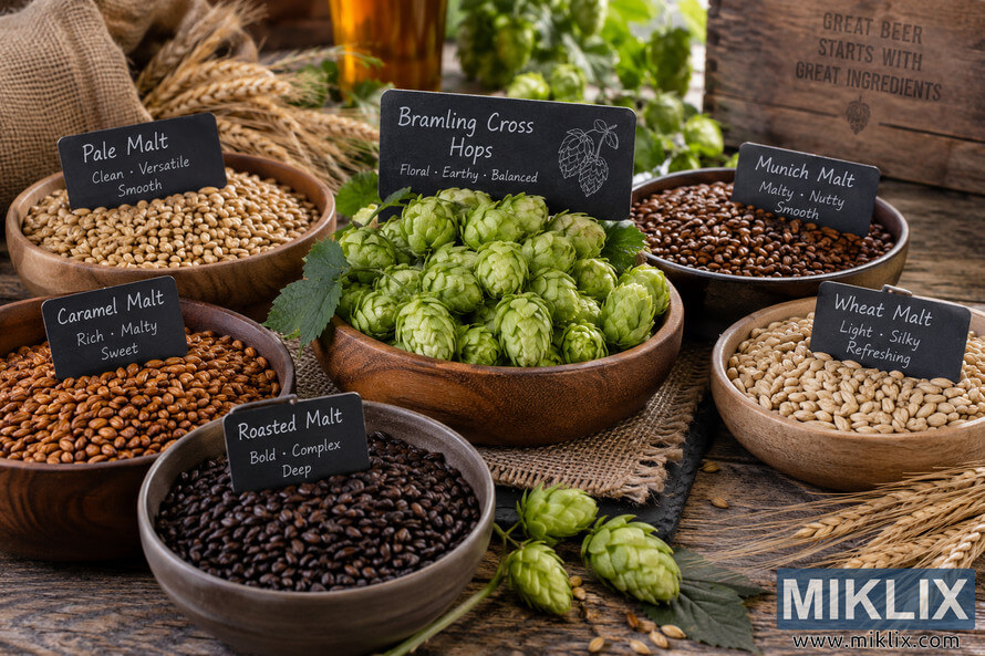 Rustic brewing ingredient display with fresh green Bramling Cross hops surrounded by bowls of pale, caramel, roasted, Munich, and wheat malt on a wooden table. Rustic brewing ingredient display with fresh green Bramling Cross hops surrounded by bowls of pale, caramel, roasted, Munich, and wheat malt on a wooden table.