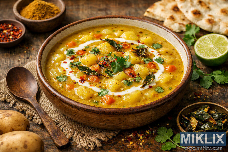 A bowl of golden curry spiced potato soup, garnished with coconut cream, red chili flakes, fresh cilantro, and crispy curry leaves, sits on a rustic wooden table with a frayed burlap cloth underneath. A wooden spoon, small bowls of curry powder and chili flakes, a halved lime, pieces of flatbread, whole potatoes, and a brass dish of fried curry leaves surround the main bowl, all lit by warm natural light. A bowl of golden curry spiced potato soup, garnished with coconut cream, red chili flakes, fresh cilantro, and crispy curry leaves, sits on a rustic wooden table with a frayed burlap cloth underneath. A wooden spoon, small bowls of curry powder and chili flakes, a halved lime, pieces of flatbread, whole potatoes, and a brass dish of fried curry leaves surround the main bowl, all lit by warm natural light.
