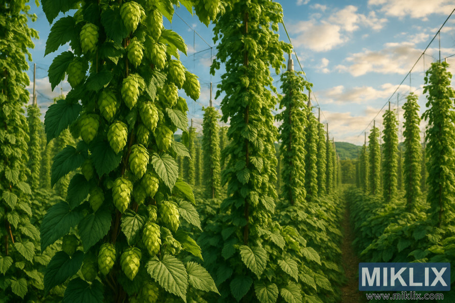 Camp de llÃºpol milÂ·lenari amb altes bins verds, cons densos i enreixats sota la llum daurada del sol.