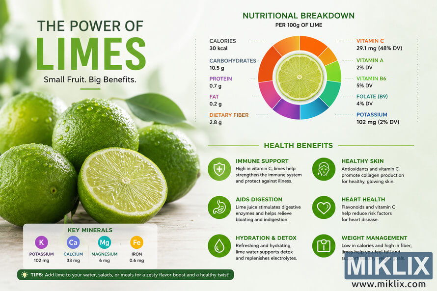 Landscape infographic showing fresh whole and sliced limes with a colorful nutritional breakdown chart, vitamin and mineral information, health benefit icons, key minerals panel, and educational wellness content presented in a clean green-themed design.