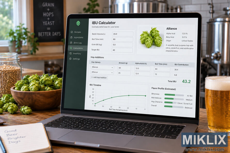 Laptop in a homebrewing workspace displaying an IBU calculator for Alliance hops, showing two hop additions and a calculated total of 43.2 IBU, surrounded by fresh hops, brewing grain, stainless brewing equipment, a notebook, and a glass of golden beer. Laptop in a homebrewing workspace displaying an IBU calculator for Alliance hops, showing two hop additions and a calculated total of 43.2 IBU, surrounded by fresh hops, brewing grain, stainless brewing equipment, a notebook, and a glass of golden beer.