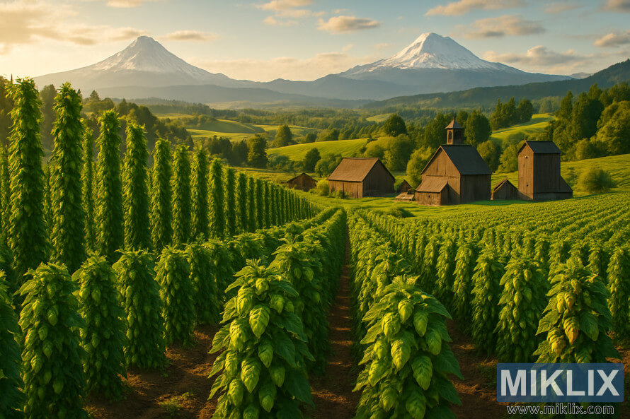 Kuldse pÃ¤ikesevalguse kÃ¤es humalakÃ¼ngaste read, taustal maalÃ¤hedased lautad ja lumega kaetud Kaskaadide mÃ¤ed.