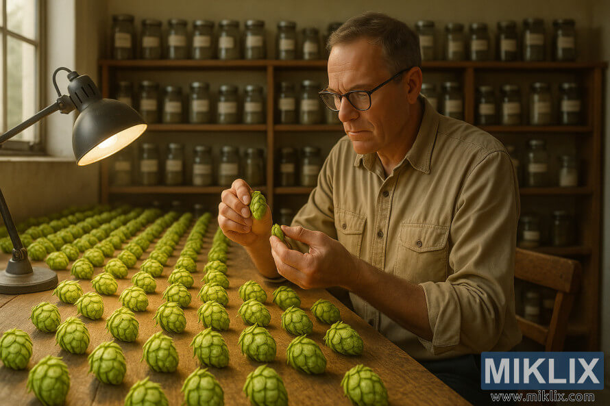 Inspector examines African Queen hop cones on a wooden table in a sunlit workshop with shelves of jars behind. Inspector examines African Queen hop cones on a wooden table in a sunlit workshop with shelves of jars behind.