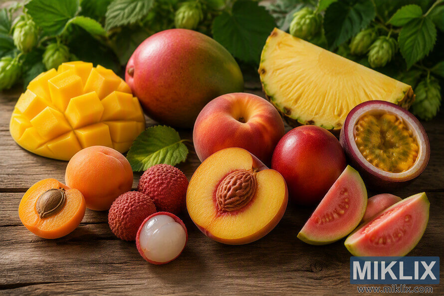 High-resolution landscape photograph featuring an abundant arrangement of stone fruit and tropical fruits on a rustic wooden table. Visible fruits include sliced peach, apricot, nectarine, mango, pineapple, passion fruit, lychee, and guava, surrounded by green hop cones and leaves. Warm natural lighting highlights the textures and vibrant colors, visually representing the fruit-forward flavor profile commonly associated with Rakau-style hop character.