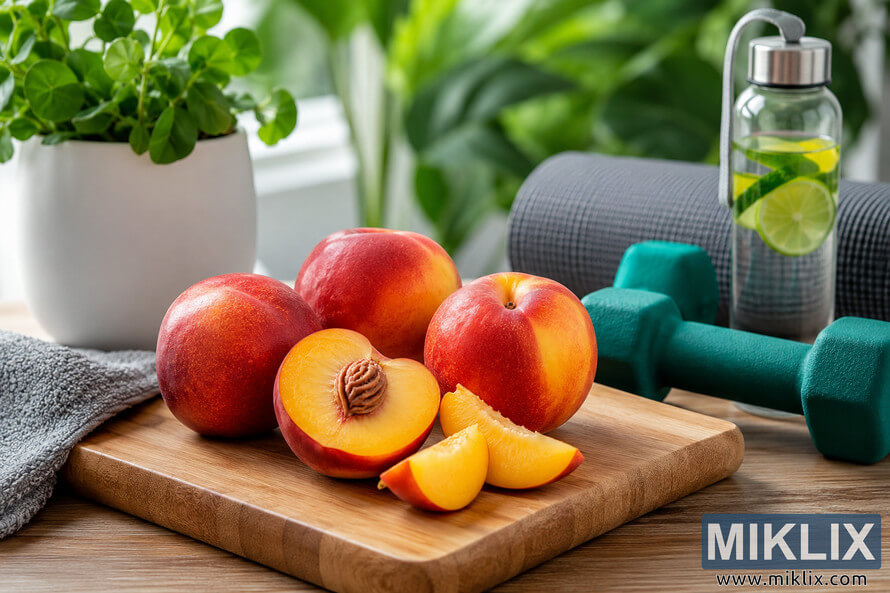 Fresh nectarines arranged on a wooden cutting board beside teal dumbbells, a yoga mat, a towel, and infused citrus water in a bright wellness-inspired setting with lush green plants and natural daylight. Fresh nectarines arranged on a wooden cutting board beside teal dumbbells, a yoga mat, a towel, and infused citrus water in a bright wellness-inspired setting with lush green plants and natural daylight.
