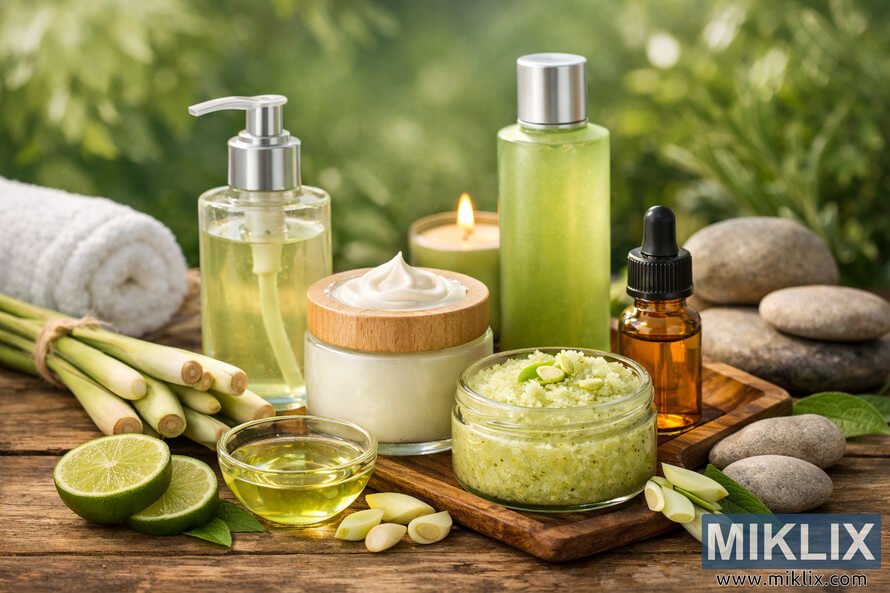 Lemongrass skincare products arranged on a rustic wooden surface with fresh lemongrass, lime halves, stones, and a blurred green foliage background. Lemongrass skincare products arranged on a rustic wooden surface with fresh lemongrass, lime halves, stones, and a blurred green foliage background.