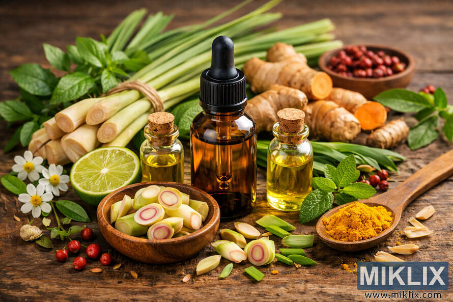 Amber glass bottles of lemongrass essential oil surrounded by fresh lemongrass stalks, sliced lemongrass, lime, turmeric, ginger, and green leaves on a rustic wooden surface with warm lighting. Amber glass bottles of lemongrass essential oil surrounded by fresh lemongrass stalks, sliced lemongrass, lime, turmeric, ginger, and green leaves on a rustic wooden surface with warm lighting.