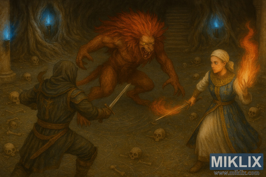 Arte de fan de Elden Ring semirrealista que muestra a Tarnished luchando contra la perfumista Tricia y el guerrero ilegÃ­timo en una mazmorra.