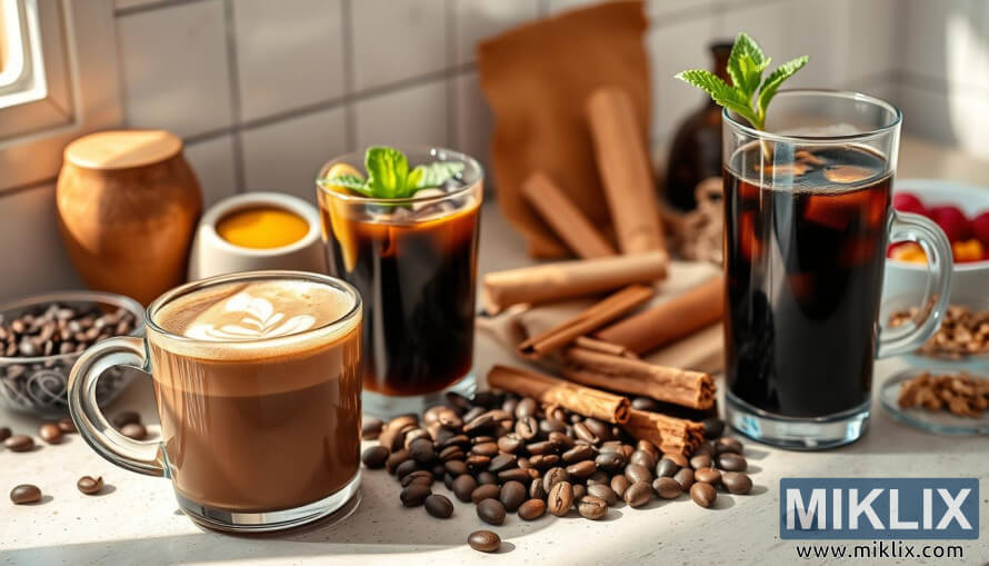 KouÅÃ­cÃ­ mocha latte, ledovÃ¡ kÃ¡va s mÃ¡tou a citronem, kÃ¡vovÃ¡ zrna, sladidla a obÄerstvenÃ­ na sluncem zalitÃ© kuchyÅskÃ© lince.