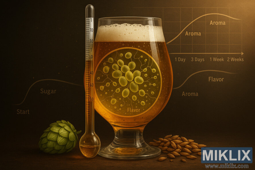 Sashin giciye na alewar zinariya tare da hydrometer, hops, sha'ir, da yisti suna nuna matakan fermentation.