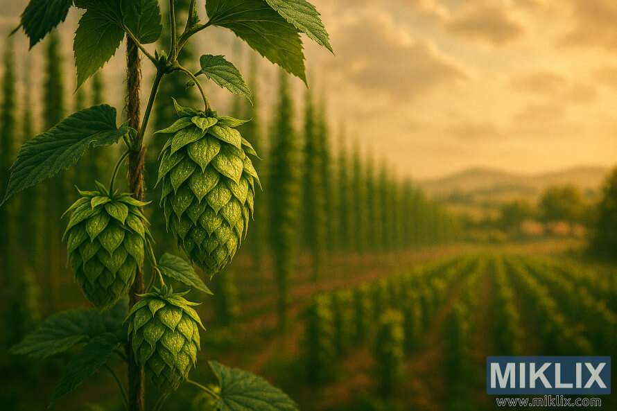 Close-up saka bine hop climbing trellis karo conthong mencorong, langit emas kabut, lan lanskap farm adoh Close-up saka bine hop climbing trellis karo conthong mencorong, langit emas kabut, lan lanskap farm adoh