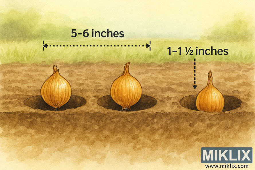Diagram showing correct depth and spacing for planting onion sets in soil