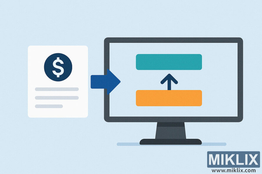 Illustration showing a financial document with a dollar sign connected by an arrow to a computer monitor displaying update symbols.