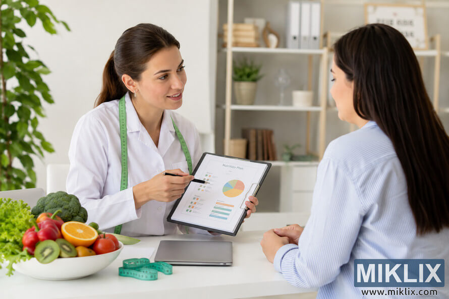 A healthcare professional wearing a white coat discusses a personalized nutrition plan with a patient across a desk featuring fresh fruits, vegetables, a measuring tape, and a laptop in a bright, modern consultation room. A healthcare professional wearing a white coat discusses a personalized nutrition plan with a patient across a desk featuring fresh fruits, vegetables, a measuring tape, and a laptop in a bright, modern consultation room.