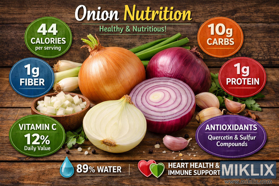 A detailed landscape photograph showing fresh onions of various types with nutritional information displayed around them on a rustic wooden surface.