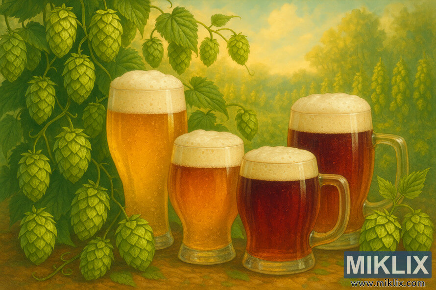 Uma ilustraÃ§Ã£o de cervejas douradas, Ã¢mbar e rubi com cabeÃ§as cremosas cercadas por exuberantes cones de lÃºpulo verde e videiras em um campo de lÃºpulo iluminado pelo sol.