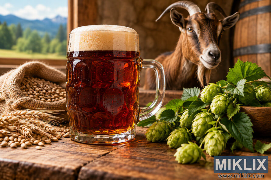 Landscape photograph of a dark amber bock-style beer with creamy foam on a rustic wooden table, surrounded by fresh green hop cones, malted grain and golden cereal stalks, with a horned brown goat, wooden barrel and softly blurred mountain countryside in the background.