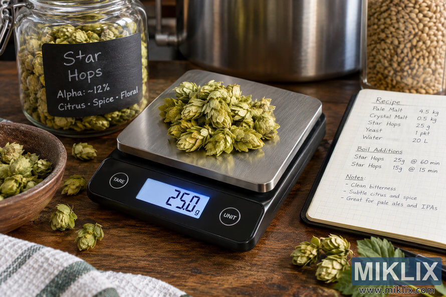 Close-up landscape photo of green Star hops being weighed at 25.0 grams on a digital kitchen scale beside a handwritten brewing recipe, hop jar, grain container, and brewing equipment on a rustic wooden table. Close-up landscape photo of green Star hops being weighed at 25.0 grams on a digital kitchen scale beside a handwritten brewing recipe, hop jar, grain container, and brewing equipment on a rustic wooden table.