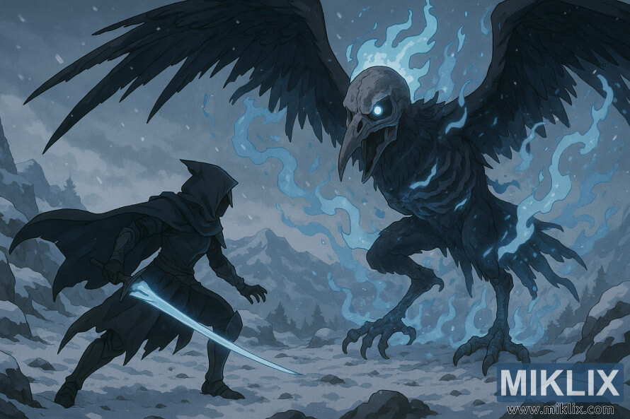 Tukio la mtindo wa uhuishaji la shujaa aliyevalia kofia akikabiliana na ndege wa mifupa aliyepambwa kwa miali ya buluu kwenye kando ya mlima yenye theluji.