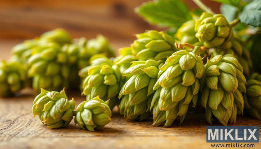 Close-up of freshly harvested First Gold hops with green cones on a rustic wooden surface under warm light.