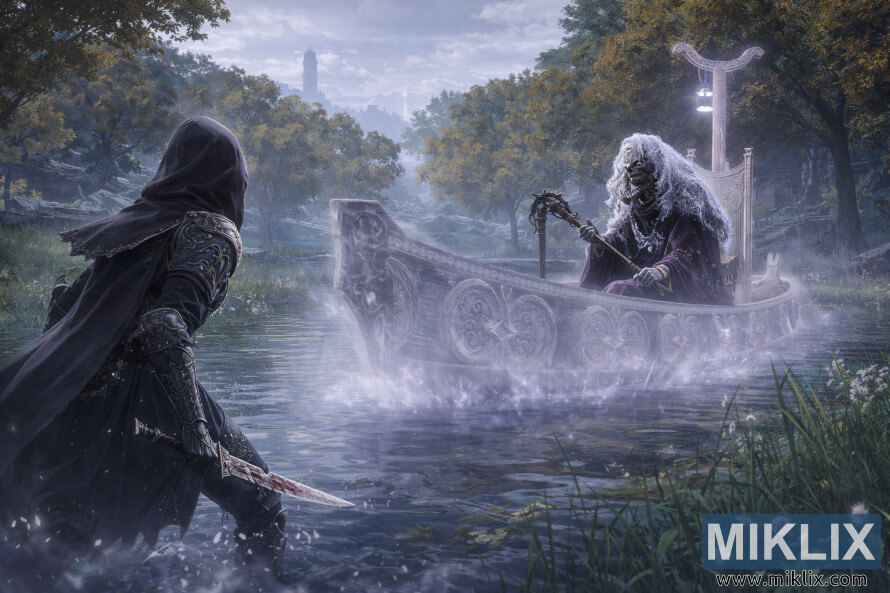 Fan art in stile anime dell'armatura Tarnished in Black Knife che affronta il Tibia Mariner su una barca spettrale nelle acque nebbiose della Liurnia orientale dei Laghi, pochi istanti prima del combattimento a Elden Ring.