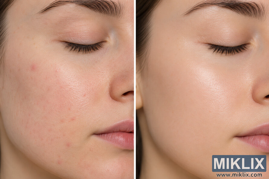 Landscape-oriented close-up comparison image showing facial skin before and after a lavender-inspired skincare treatment, with visible improvement in texture, tone, clarity, and radiance. Landscape-oriented close-up comparison image showing facial skin before and after a lavender-inspired skincare treatment, with visible improvement in texture, tone, clarity, and radiance.