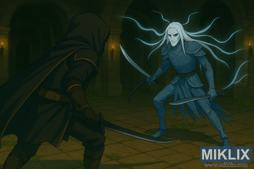 Anime-style fan art of Tarnished in Black Knife armor facing Ancient Hero of Zamor in a spectral grave