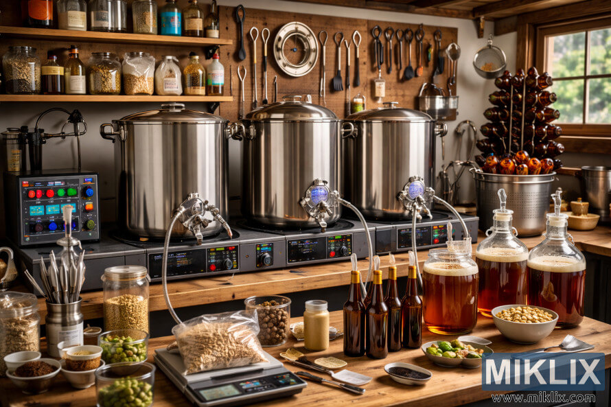 Station de brassage amateur bien organisée avec cuves en inox, bière en fermentation dans des bonbonnes en verre, bocaux de houblon et de grains, et ustensiles de brassage soigneusement rangés. Station de brassage amateur bien organisée avec cuves en inox, bière en fermentation dans des bonbonnes en verre, bocaux de houblon et de grains, et ustensiles de brassage soigneusement rangés.