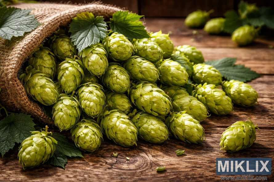Fresh Styrian Gold hop cones spilling from a burlap sack onto a rustic wooden table in warm natural light Fresh Styrian Gold hop cones spilling from a burlap sack onto a rustic wooden table in warm natural light