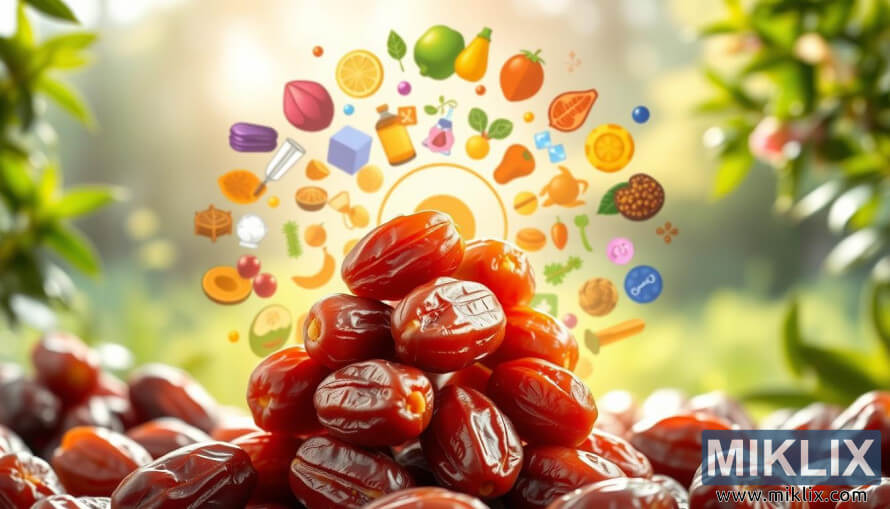 Ilustracija debelih datljev s simboli vitaminov, mineralov in antioksidantov na bujnem zelenem ozadju. Ilustracija debelih datljev s simboli vitaminov, mineralov in antioksidantov na bujnem zelenem ozadju.