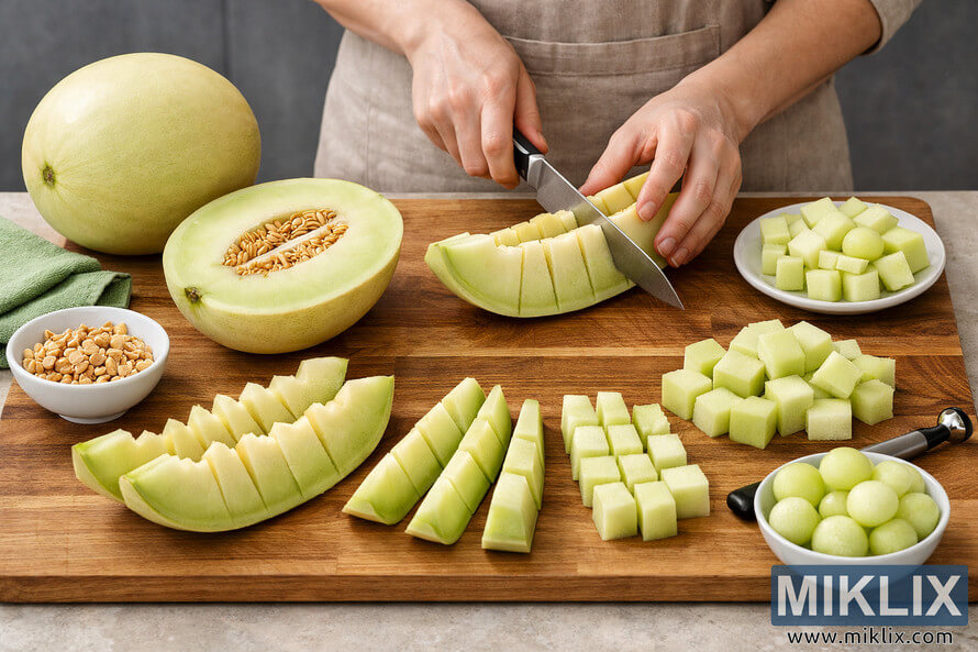 High-resolution photo of a honeydew melon cutting demonstration on a wooden cutting board, showing a person in a beige apron slicing a halved melon with a chef’s knife while various prepared pieces—wedges, spears, cubes, and melon balls—are neatly arranged alongside a whole melon, a bowl of seeds, a kitchen towel, and a melon baller on a light-colored countertop. High-resolution photo of a honeydew melon cutting demonstration on a wooden cutting board, showing a person in a beige apron slicing a halved melon with a chef’s knife while various prepared pieces—wedges, spears, cubes, and melon balls—are neatly arranged alongside a whole melon, a bowl of seeds, a kitchen towel, and a melon baller on a light-colored countertop.