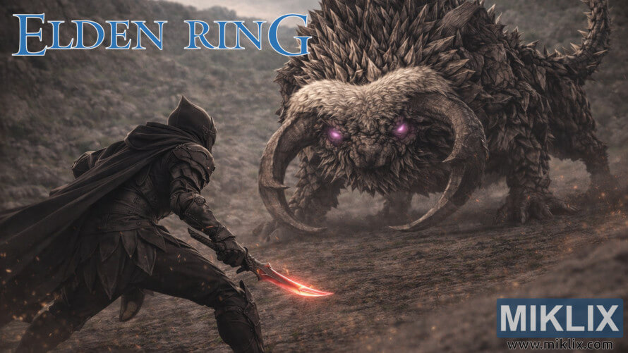 Fan art of a Tarnished in Black Knife armor facing a massive Fallingstar Beast in the Hinterland, moments before battle in Elden Ring.