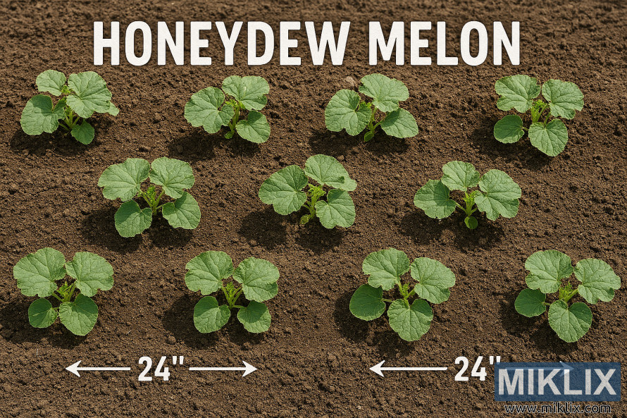 Top-down view of a garden bed with evenly spaced honeydew melon plants and labeled spacing arrows Top-down view of a garden bed with evenly spaced honeydew melon plants and labeled spacing arrows