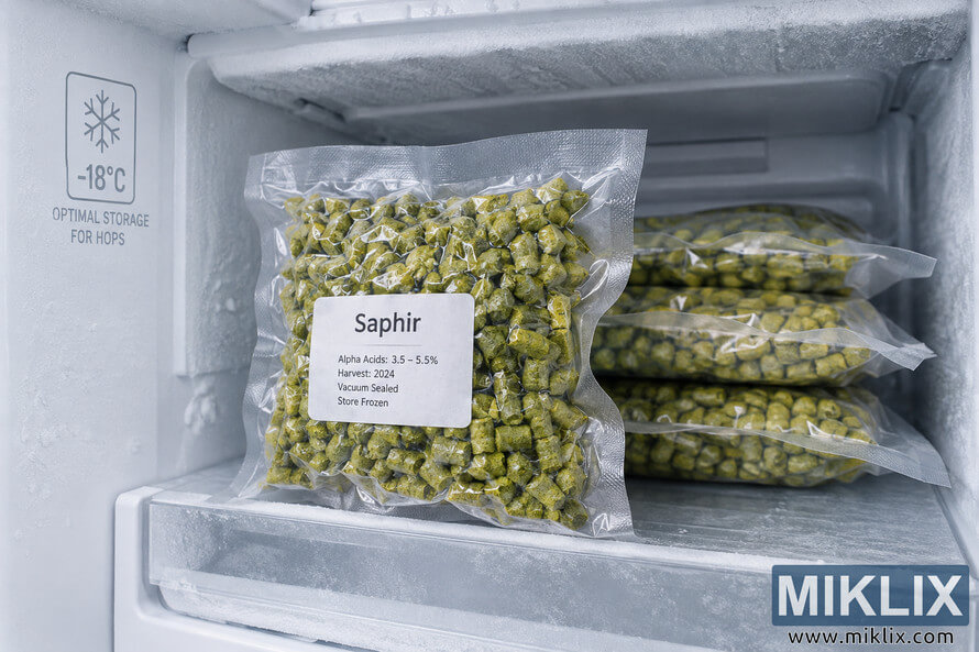 Vacuum-sealed packages of green Saphir hop pellets neatly stored inside a frosty freezer at -18Â°C, with a labeled bag prominently visible in the foreground.