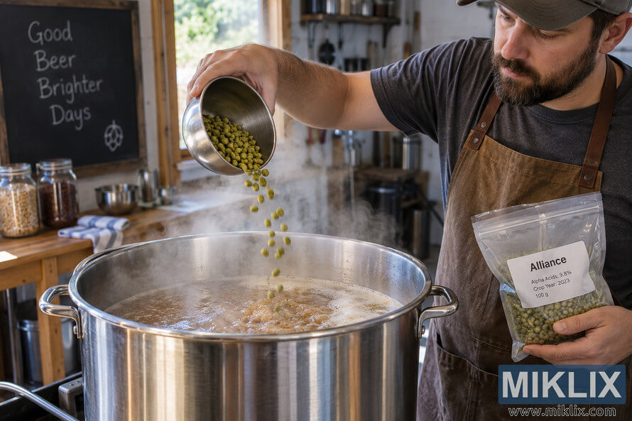 Homebrewer in a rustic workshop pouring green hop pellets from a metal bowl into steaming, boiling wort in a large stainless-steel brew kettle while holding a generic pouch of Alliance hops. Homebrewer in a rustic workshop pouring green hop pellets from a metal bowl into steaming, boiling wort in a large stainless-steel brew kettle while holding a generic pouch of Alliance hops.