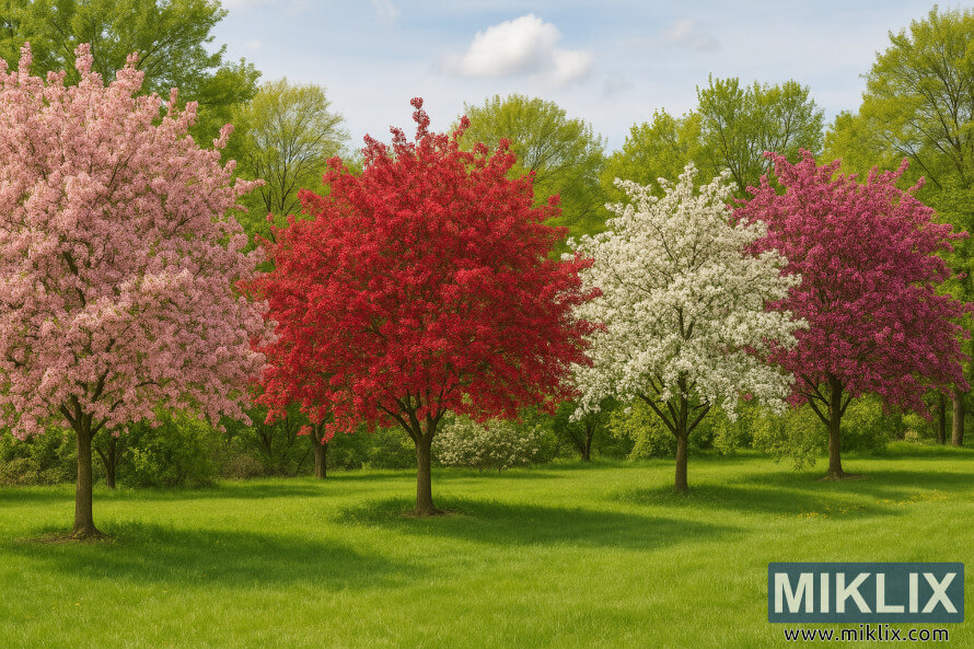 Un paysage avec plusieurs pommiers sauvages de diffÃ©rentes variÃ©tÃ©s en pleine floraison, prÃ©sentant des fleurs roses, rouges, blanches et magenta Ã  travers une prairie verdoyante sous un ciel bleu doux.