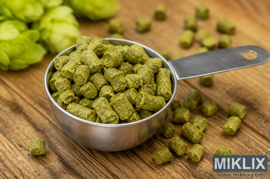 Close-up landscape photograph of a stainless steel measuring scoop filled with green hop pellets resting on a rustic wooden tabletop. Additional hop pellets are scattered around the scoop, while softly blurred hop cones and pellets appear in the background under warm natural lighting.