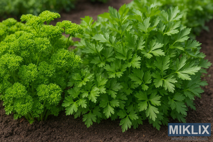Persil Ã  feuilles bouclÃ©es et persil italien Ã  feuilles plates poussant cÃ´te Ã  cÃ´te dans un parterre dâherbes bien entretenues