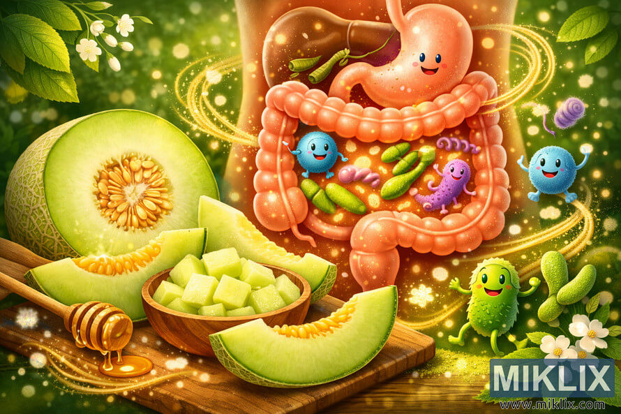 Illustration of a glowing human digestive tract filled with friendly, colorful gut bacteria, surrounded by swirling prebiotic fibers, with a halved honeydew melon, sliced melon pieces, and a wooden bowl of cubed honeydew in the foreground on a wooden surface, all set against a lush, green background that symbolizes natural support for a healthy gut microbiome. Illustration of a glowing human digestive tract filled with friendly, colorful gut bacteria, surrounded by swirling prebiotic fibers, with a halved honeydew melon, sliced melon pieces, and a wooden bowl of cubed honeydew in the foreground on a wooden surface, all set against a lush, green background that symbolizes natural support for a healthy gut microbiome.