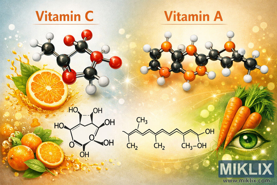 Landscape scientific illustration showing side-by-side molecular structures and chemical diagrams of Vitamin C and Vitamin A, with citrus fruits representing Vitamin C on the left and carrots with an eye symbol representing Vitamin A on the right, all connected by a softly glowing central background. Landscape scientific illustration showing side-by-side molecular structures and chemical diagrams of Vitamin C and Vitamin A, with citrus fruits representing Vitamin C on the left and carrots with an eye symbol representing Vitamin A on the right, all connected by a softly glowing central background.