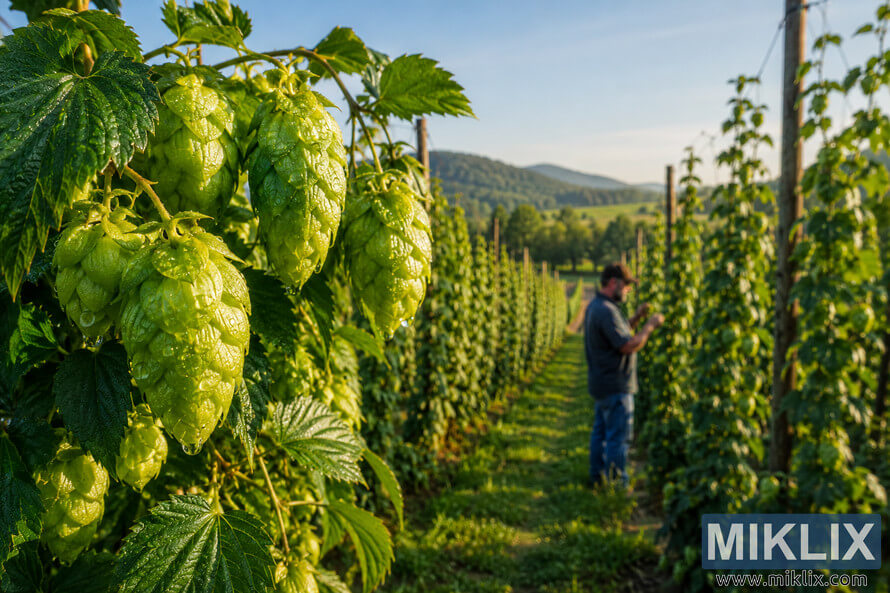 Close-up of dew-covered green Herald hop cones in the foreground with rows of hop vines climbing wooden trellises, a farmer inspecting the crop in the middle distance, and rolling hills beneath a clear blue sky in warm morning sunlight. Close-up of dew-covered green Herald hop cones in the foreground with rows of hop vines climbing wooden trellises, a farmer inspecting the crop in the middle distance, and rolling hills beneath a clear blue sky in warm morning sunlight.