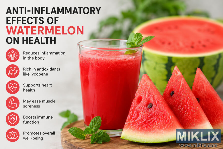 Landscape infographic illustrating the anti-inflammatory health benefits of watermelon. The design features a large glass of fresh watermelon juice with mint leaves, several ripe watermelon slices on a wooden board, and a halved watermelon in the softly blurred background. A left-hand column presents icons and short statements describing potential health benefits, including reducing inflammation, providing antioxidants such as lycopene, supporting heart health, easing muscle soreness, boosting immune function, and promoting overall well-being. The layout uses vivid red, green, white, and neutral tones with a clean, modern appearance. Landscape infographic illustrating the anti-inflammatory health benefits of watermelon. The design features a large glass of fresh watermelon juice with mint leaves, several ripe watermelon slices on a wooden board, and a halved watermelon in the softly blurred background. A left-hand column presents icons and short statements describing potential health benefits, including reducing inflammation, providing antioxidants such as lycopene, supporting heart health, easing muscle soreness, boosting immune function, and promoting overall well-being. The layout uses vivid red, green, white, and neutral tones with a clean, modern appearance.