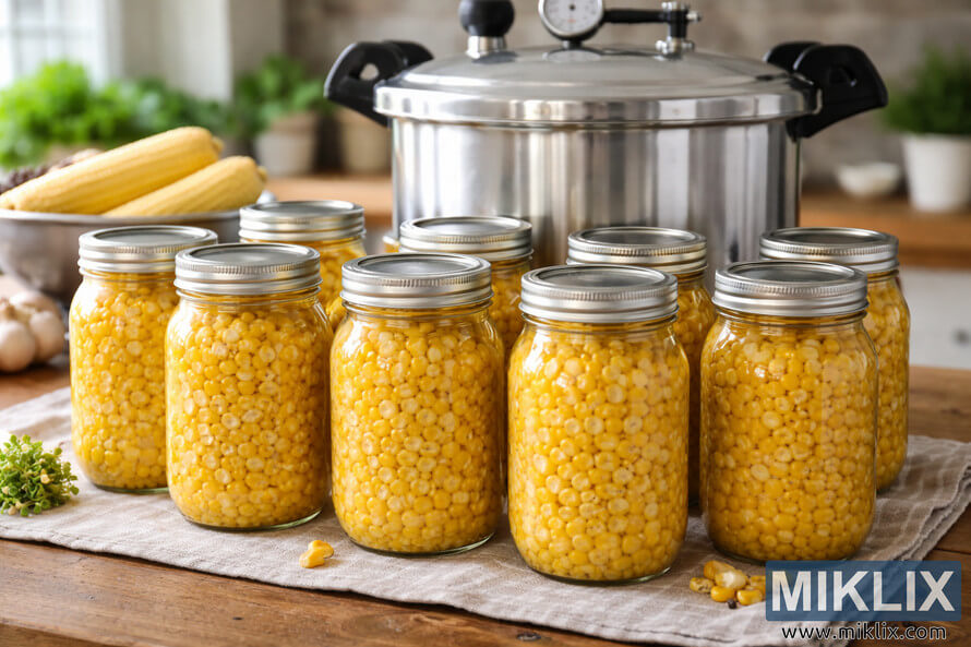 Eight glass jars of home-canned corn arranged on a cloth with a metal pressure canner in the background on a rustic kitchen table.